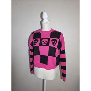 No Boundaries Pink Black Skull Checkerboard Crop Sweater Girls M 7-9 Y2K